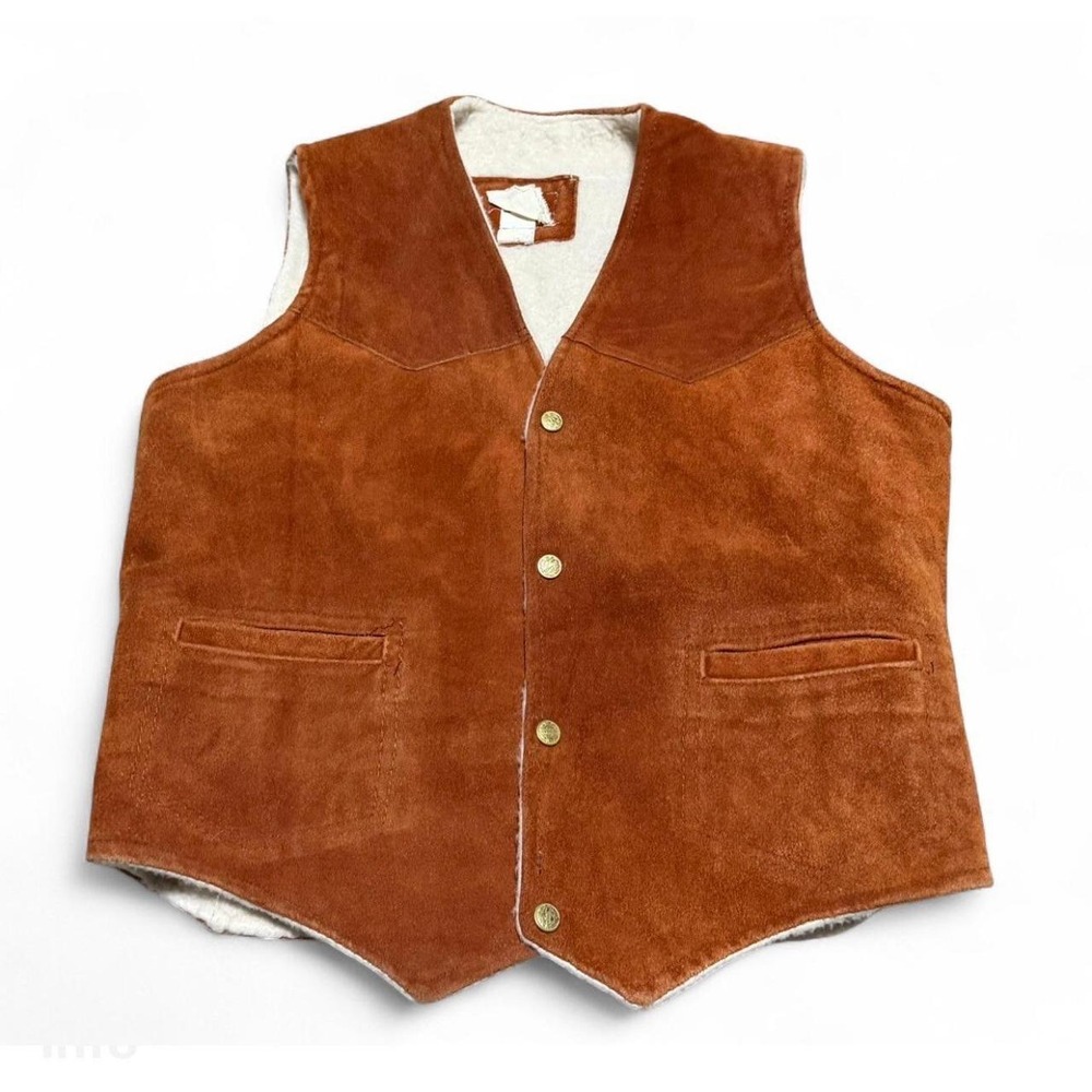 Vintage Western Suede Leather Sherpa Lined Vest Mens 40 Brown Cowboy Ranch